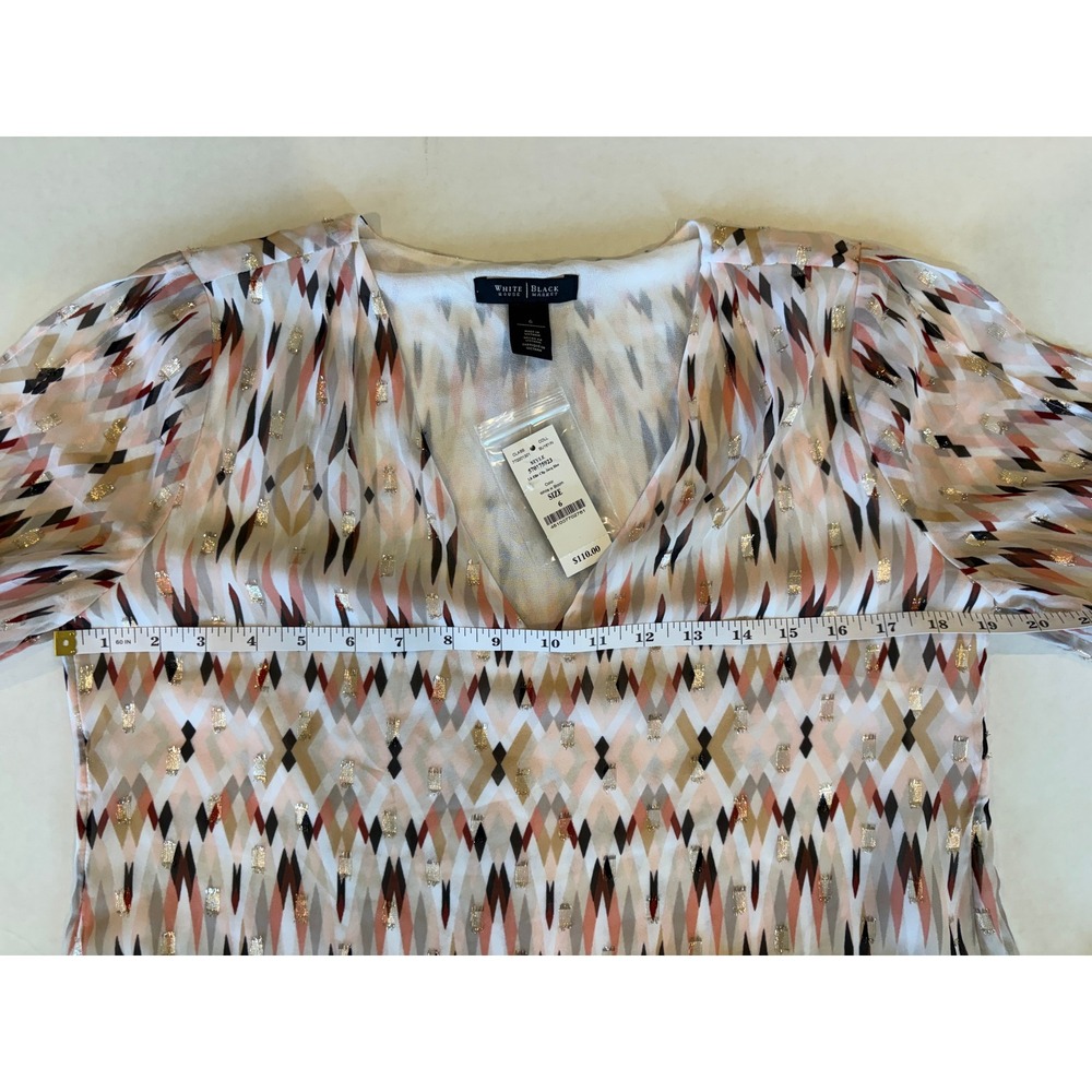 White House Black Market Sheer Metallic Geometric Blouse Size 6 Pink Gold L Boho - Picture 5 of 7